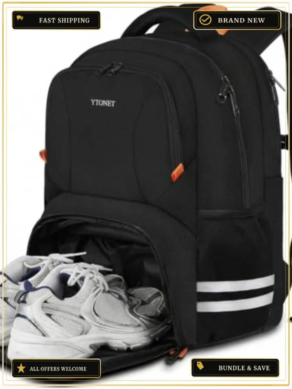 Large 40L Gym Backpack with Shoe Compartment, Water Resistant Polyester, Fits